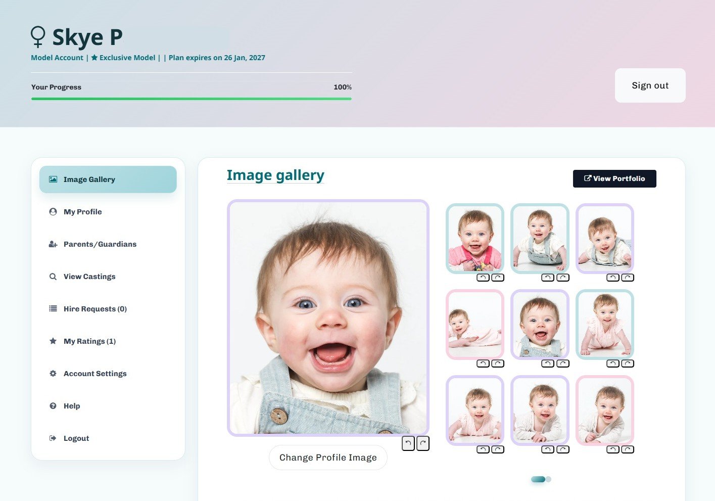 Baby Models profile dashboard and portfolio preview